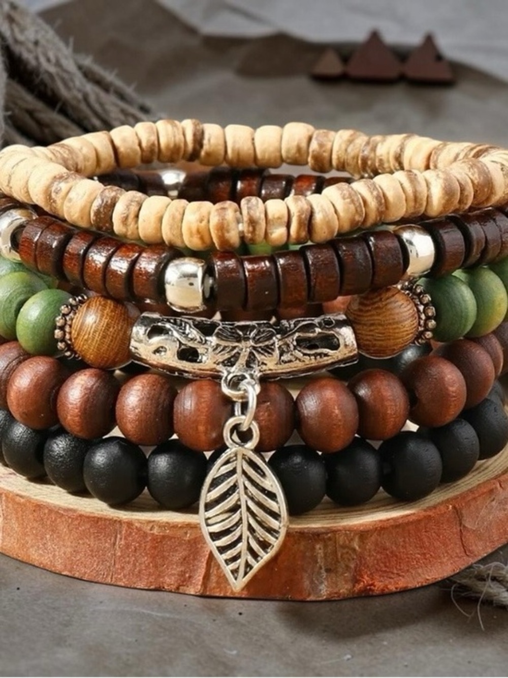 Boho Layered Women’s Bracelet Stack - Brown, Black & Green